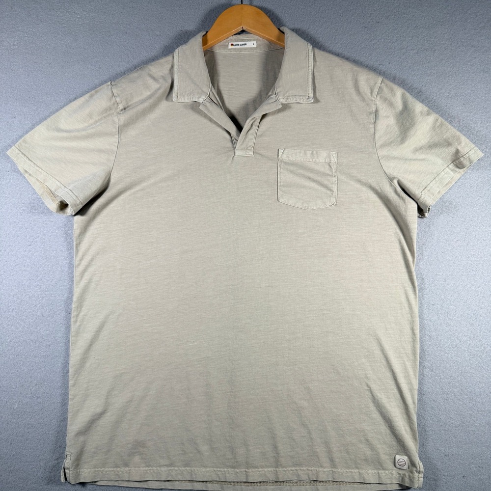 Marine Layer Mens Khaki Tan Cotton Circulose Polo Shirt Short Sleeve 17700 L